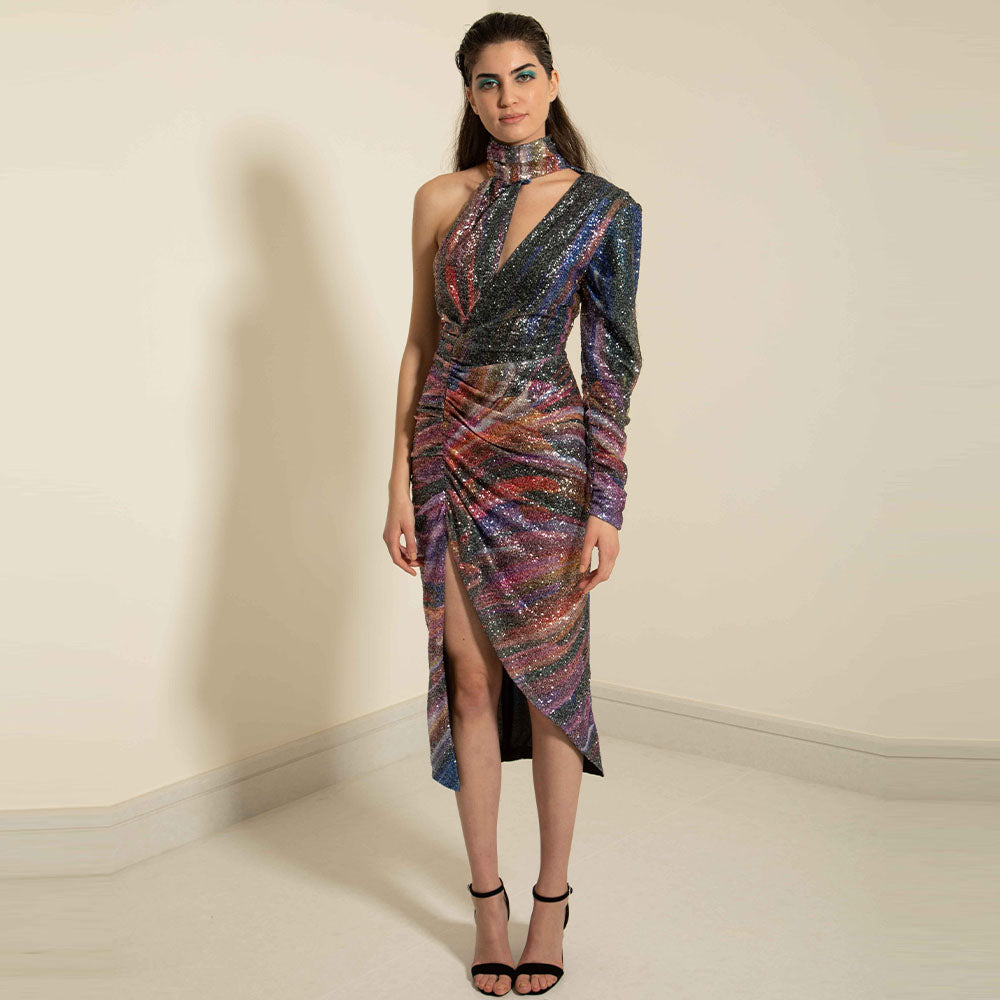 One sleeve asymmetric dress with side slit and turtle neck detail along with cleavage slit. Ankle length - Printed sequin. 