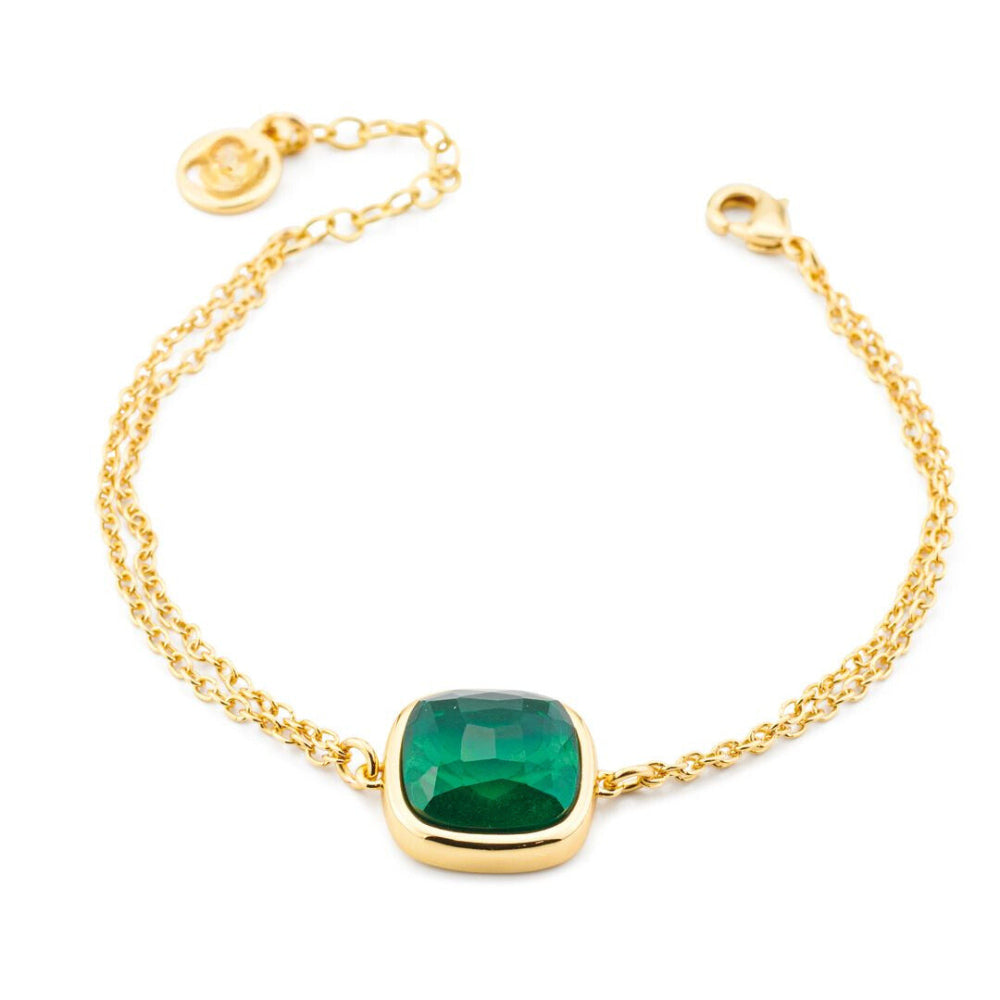Chic yellow gold plated bronze bracelet with a large green tourmaline crystal pendant on a stylish double chain. Perfect for everyday luxury styling. Shop premium jewelry online.