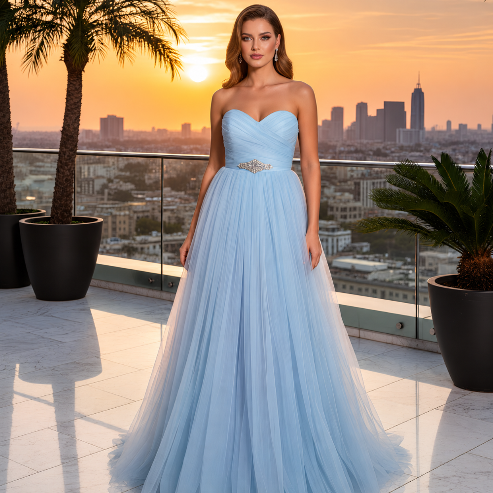 Shop the Amaya custom-made baby blue off-shoulder gown featuring a stunning multicoloured layered tulle skirt. Perfect for special occasions. Shop online from our exclusive website.