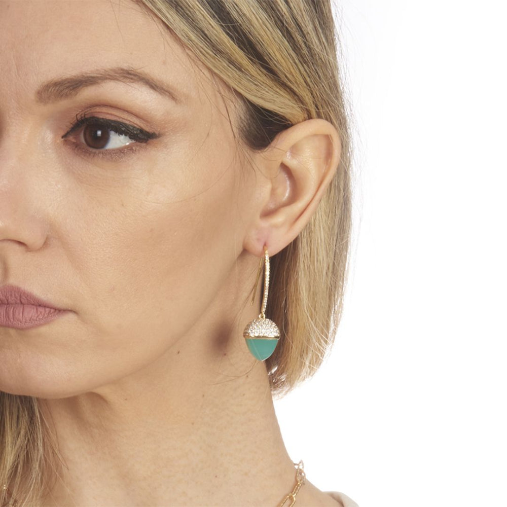 Shop online premium gold plated hook dangler earrings with amazonite pyramidal crystal and sparkling cubic zirconia accents for elegant styling.