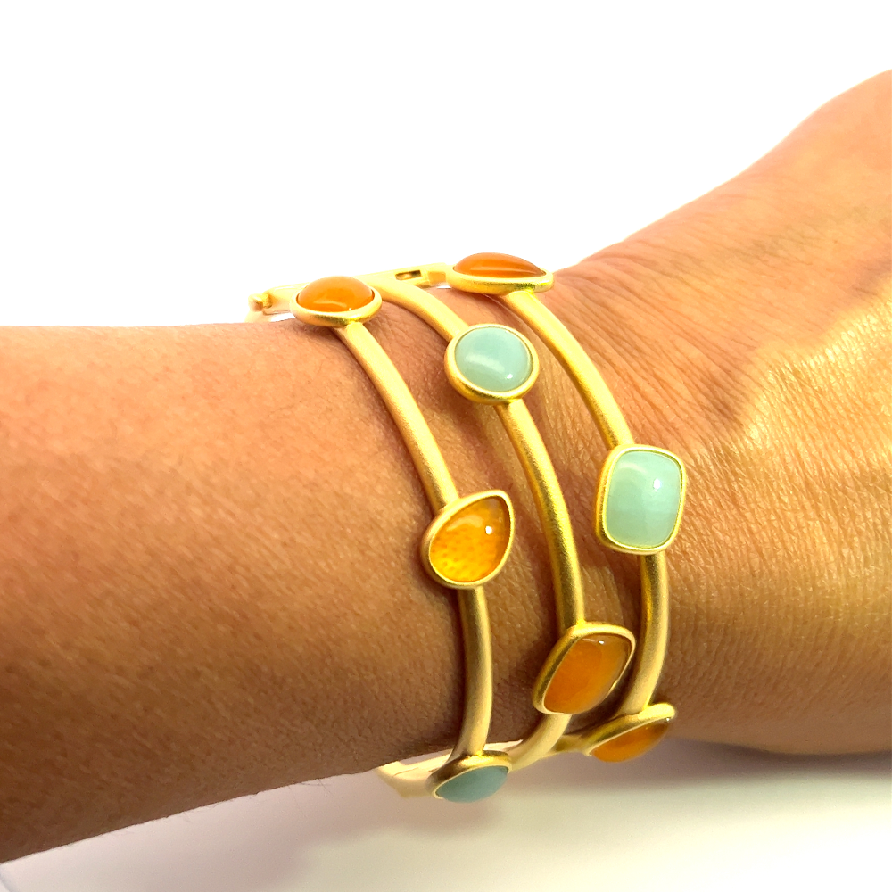 Sterling silver 18k gold-dipped bracelet with created amazonite and yellow agate stones for a bold contemporary statement. Shop premium jewelry online.