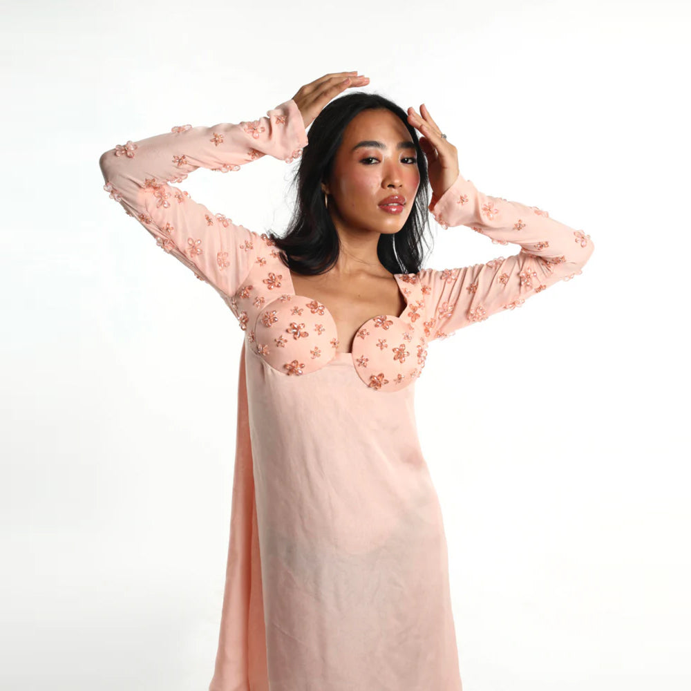 Blush A line dress with scalloped neckline and floral sleeves, perfect for brunch. Shop online from our curated edit of premium fashion.