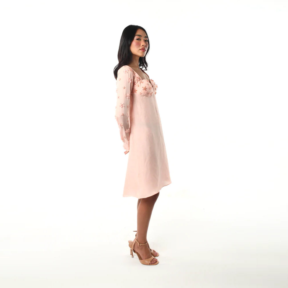 Blush A line dress with scalloped neckline and floral sleeves, perfect for brunch. Shop online from our curated edit of premium fashion.