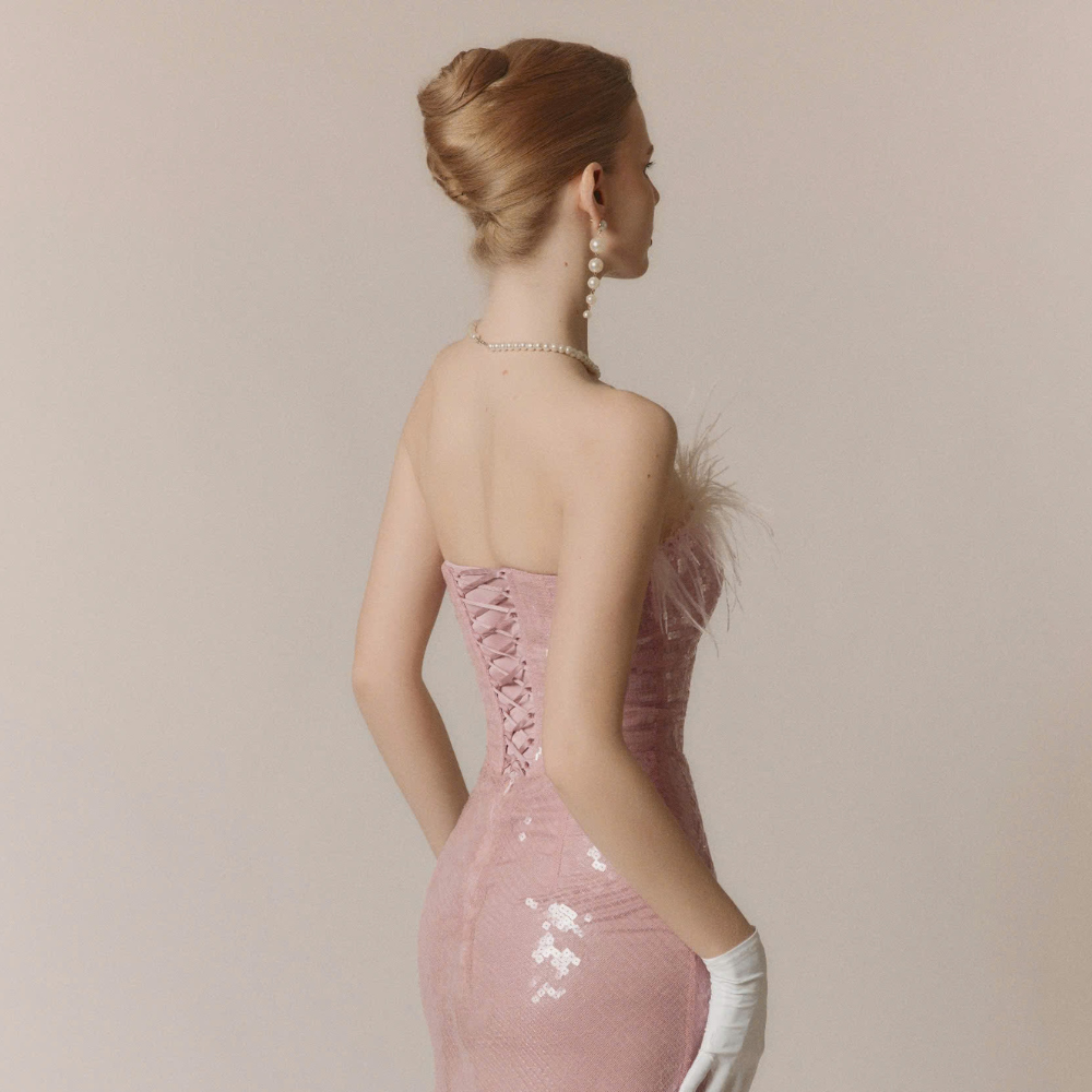 Amour mesh strapless dress in elegant designer dresses. Shop Now!