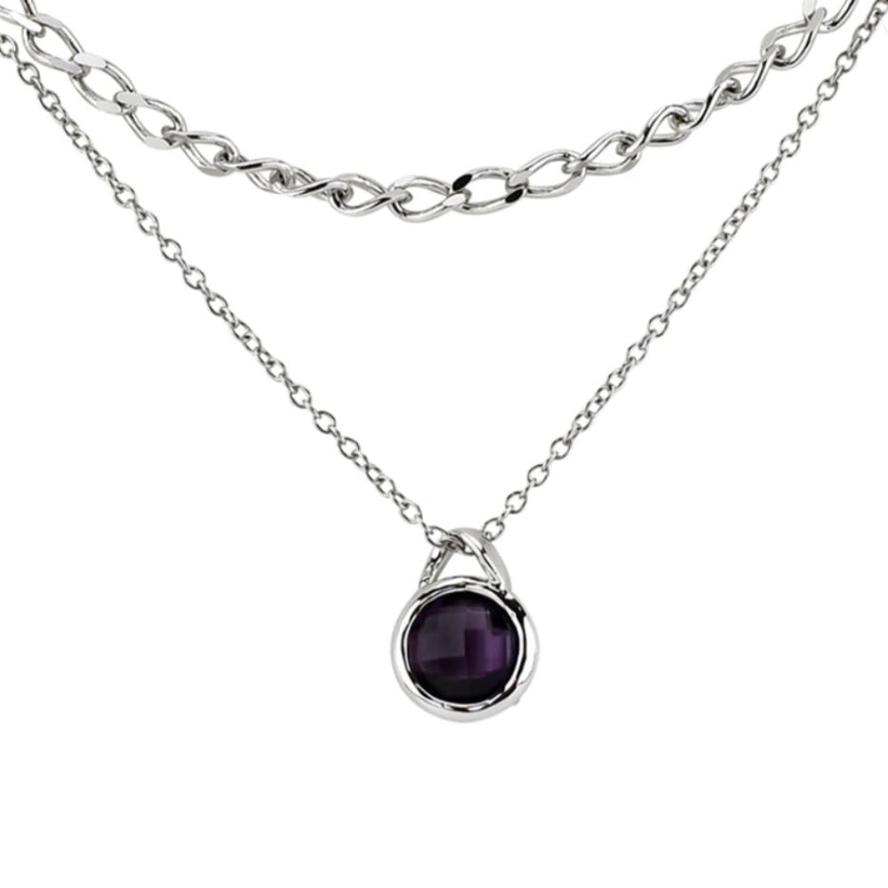 Shop online premium rhodium plated double pendant necklace with amethyst crystal for elegant everyday styling.