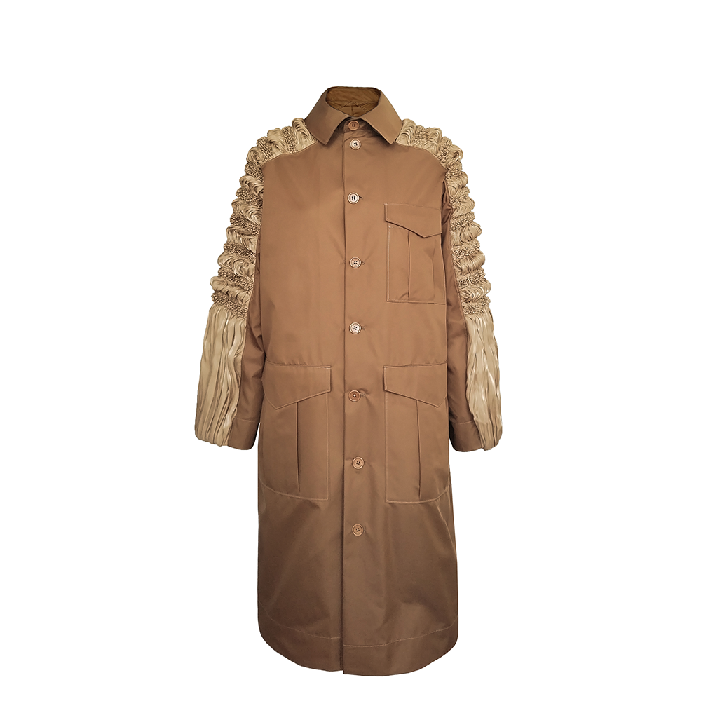 Shop Junna's Ana Shibori Panel Sleeve Pleated Front Coat. Elevate your style with this unique women's clothing piece. Shop now!