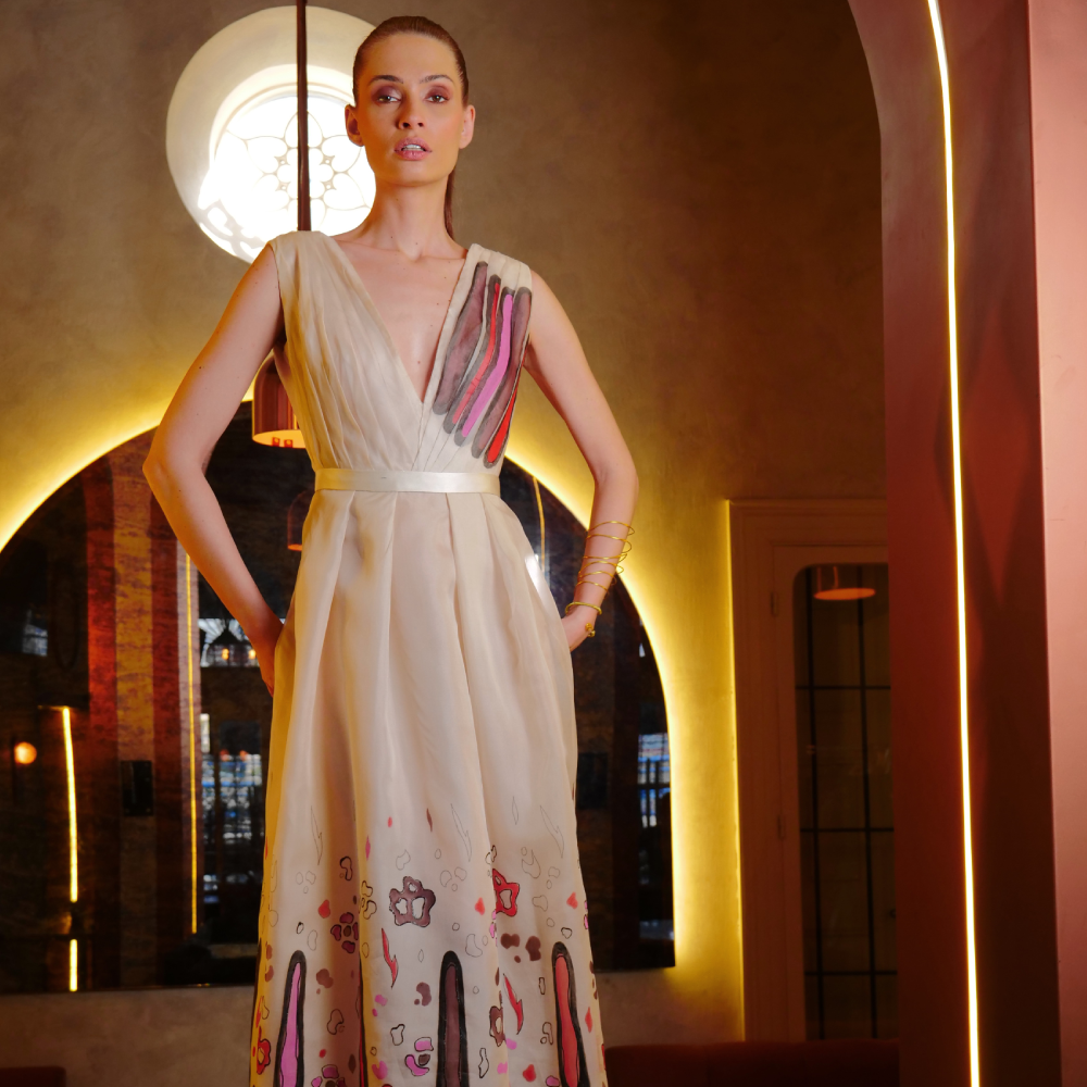 Hand-painted ankle-length off-white organza dress featuring an exclusive pattern and colors