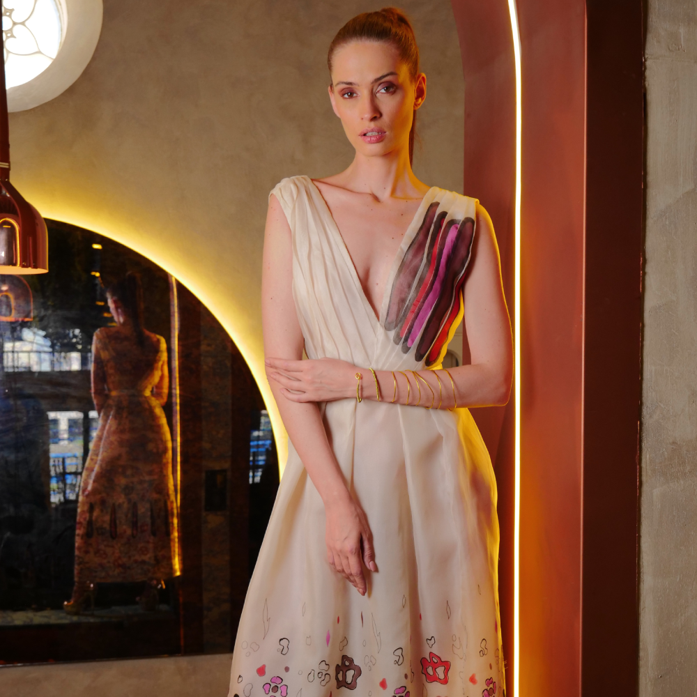 Hand-painted ankle-length off-white organza dress featuring an exclusive pattern and colors