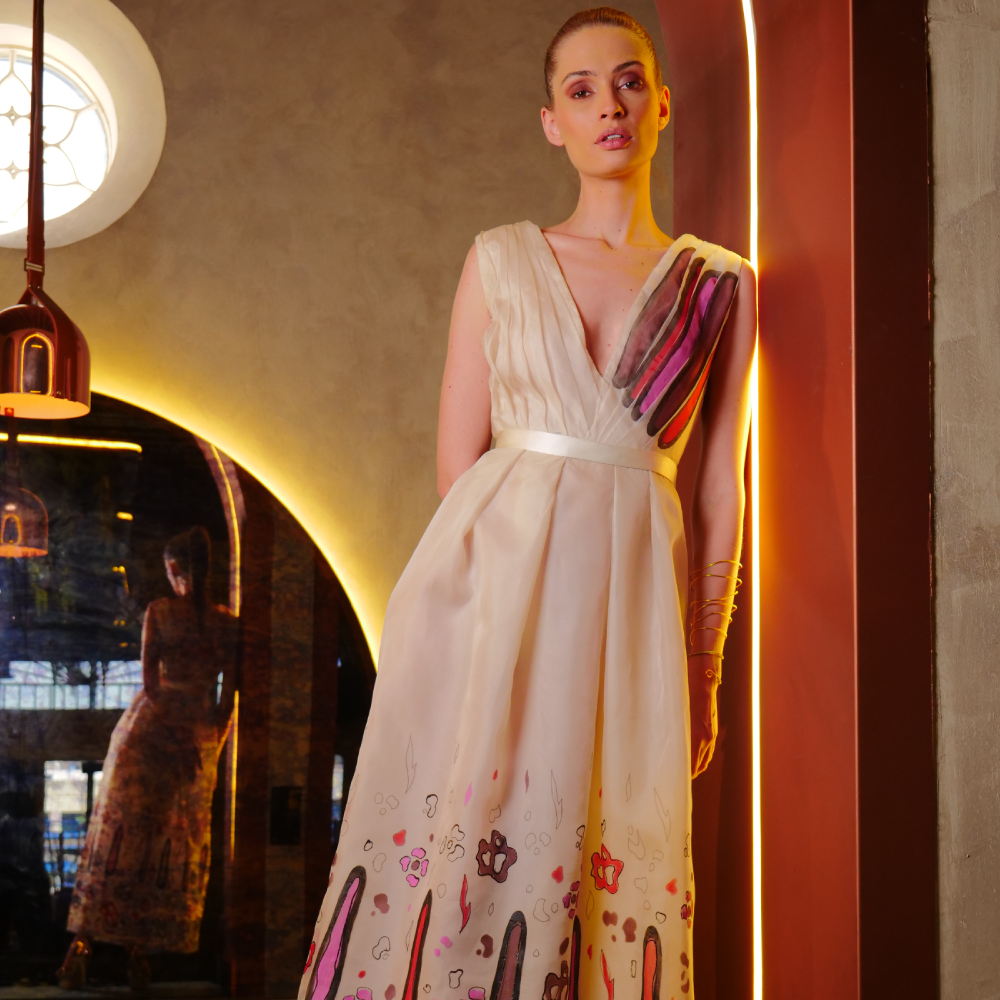 Hand-painted ankle-length off-white organza dress featuring an exclusive pattern and colors