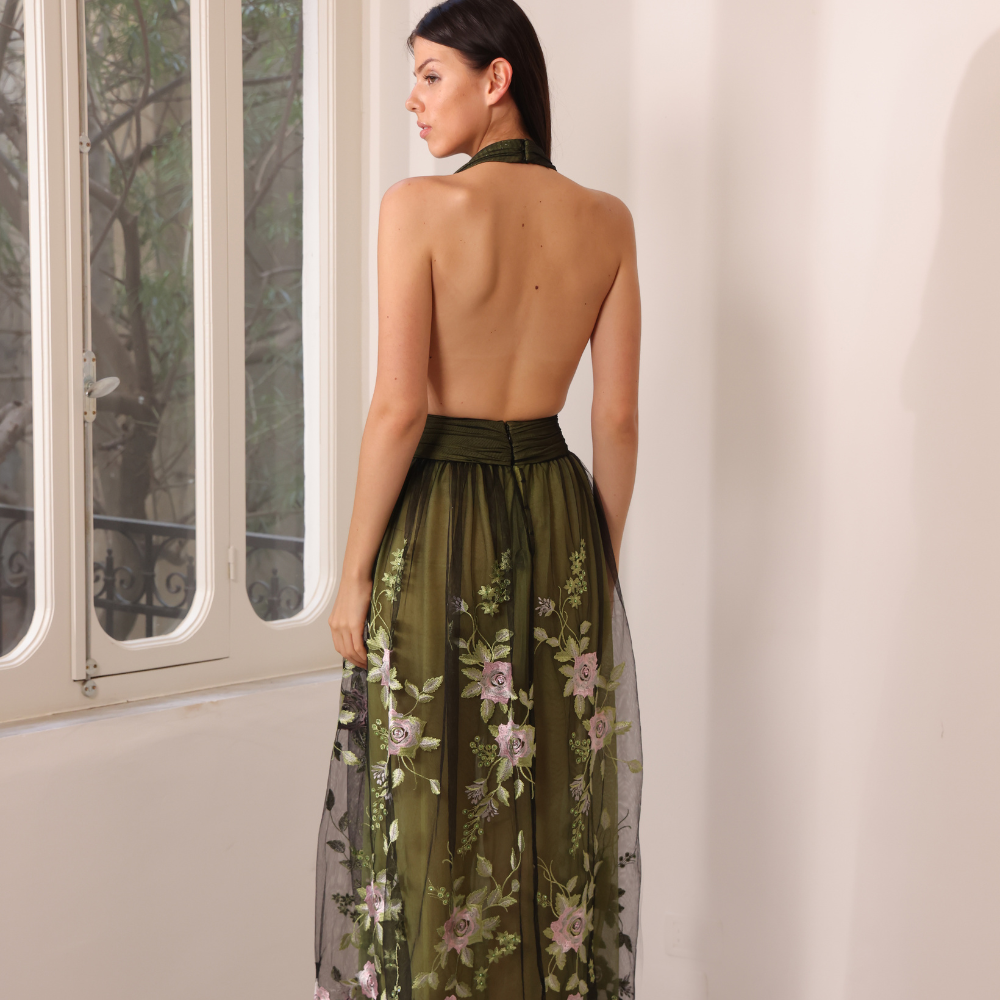 Ankle length black tulle dress embroidered with pink and green flowers