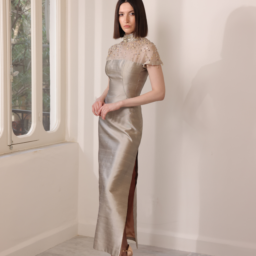 Ankle length silver chantung dress with embroidered organza shoulders