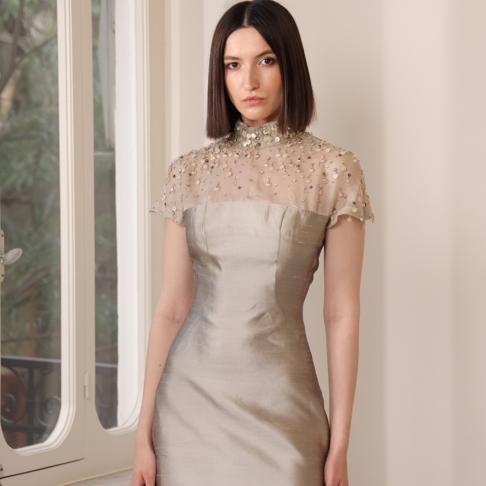 Ankle length silver chantung dress with embroidered organza shoulders