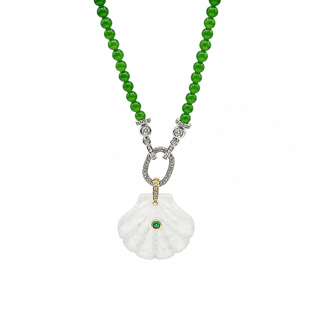 Discover the Aphrodite Green Chardonnay & Clear Quartz Shell Necklace at The Luxe Maison, featuring luminous green beads, a removable clear quartz shell pendant, and elegant gold- and silver-tone details for versatile styling.