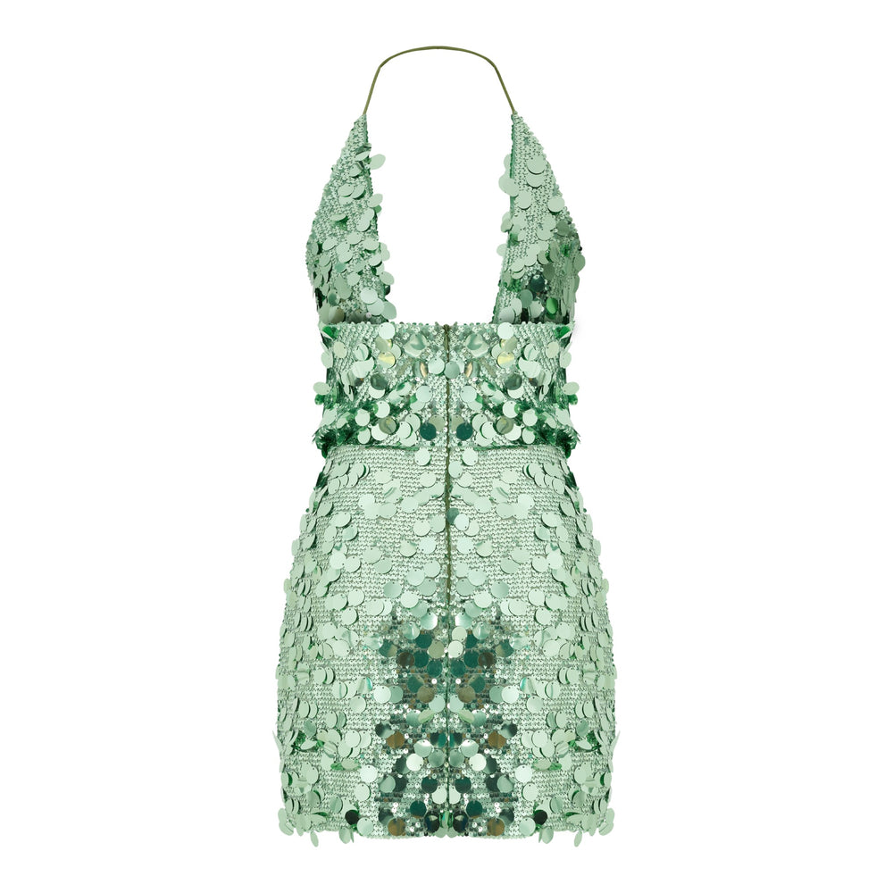 Shop online from our exclusive website and discover the Astra Dress by Nana Gotti, a sequined mini dress with a plunging cowl neckline, open back, and elegant custom-made design.