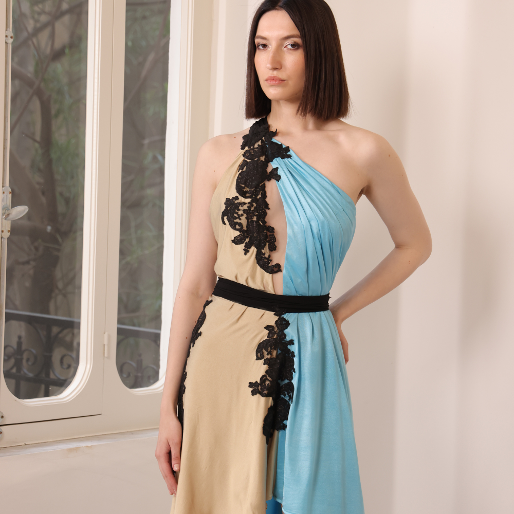 Asymetric 2 color silk jersey dress with black lace