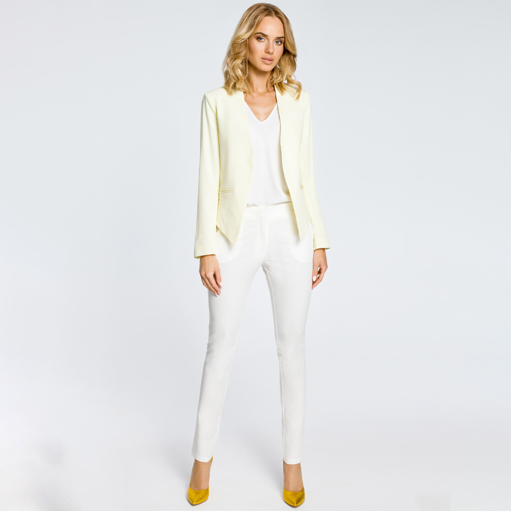 Woven fabric; asymmetric; collarless; open front; pointed hem jacket; fully lined; lightly padded shoulders.