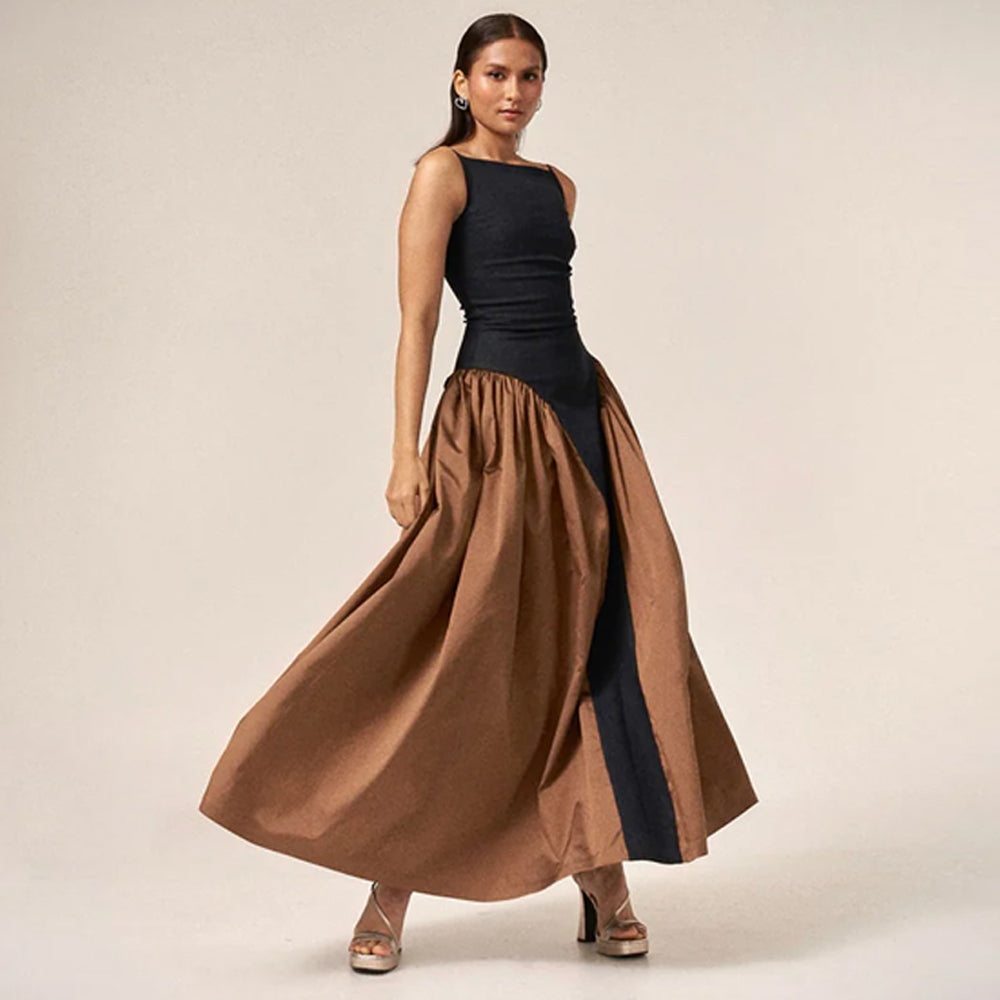 Denim and silk colour block dress with side detail, perfect for events. Shop online from our curated edit of premium fashion.