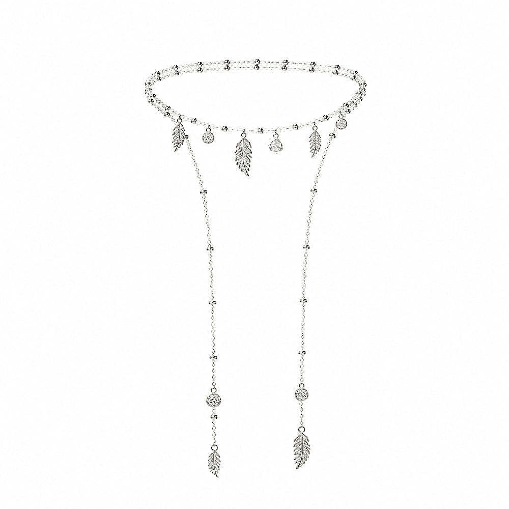 Discover the Aura Silver Feather Lariat Necklace at The Luxe Maison, featuring cascading silver-tone feathers and sparkling zircon accents for an elegant, ethereal look inspired by freedom and movement.