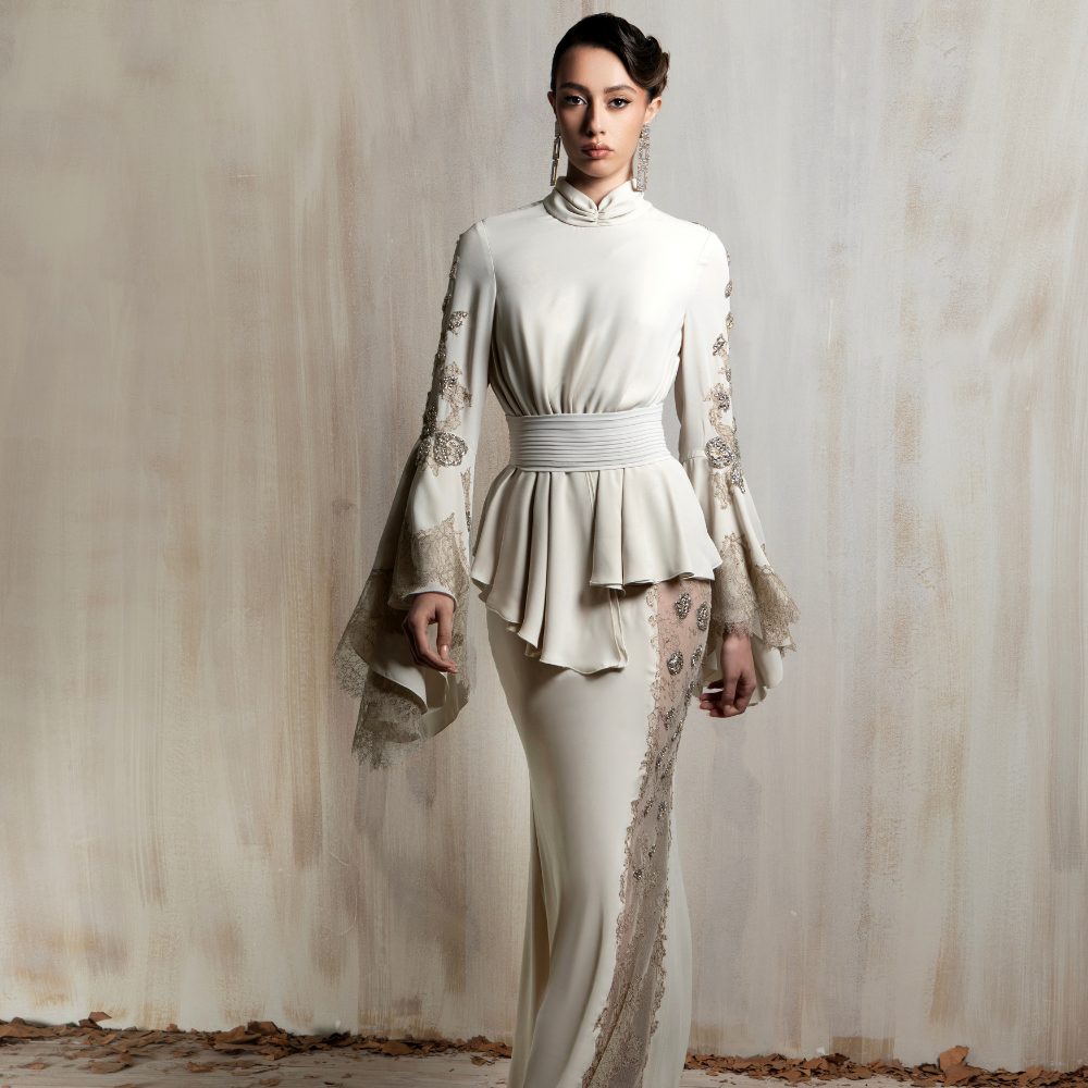 Elegant off-white gown with lace detailing and a cinched waist, crafted for timeless elegance. Shop now at our exclusive clothing website.