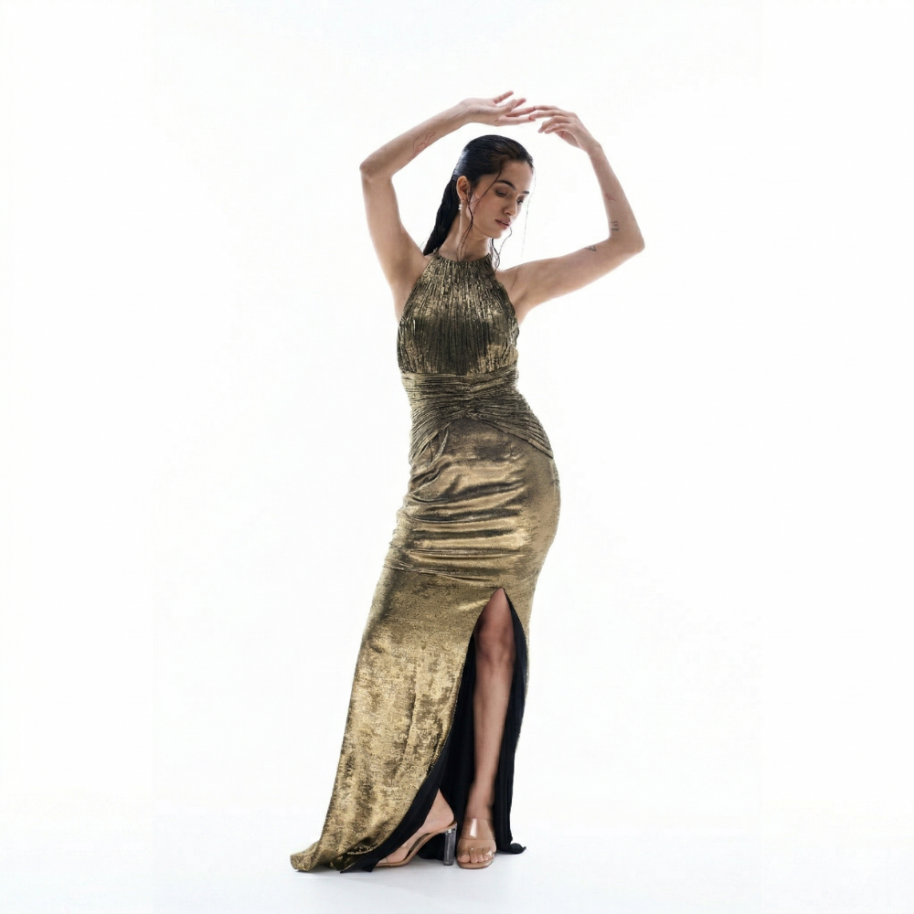 Shimmer gold ruched dress with elegant drape detail, perfect for parties and weddings. Shop online from our exclusive collection of premium styles.