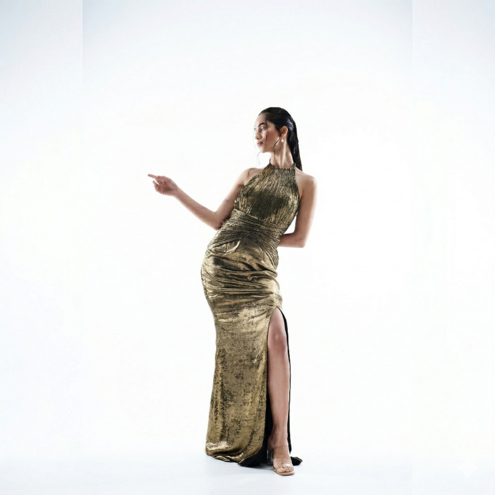Shimmer gold ruched dress with elegant drape detail, perfect for parties and weddings. Shop online from our exclusive collection of premium styles.
