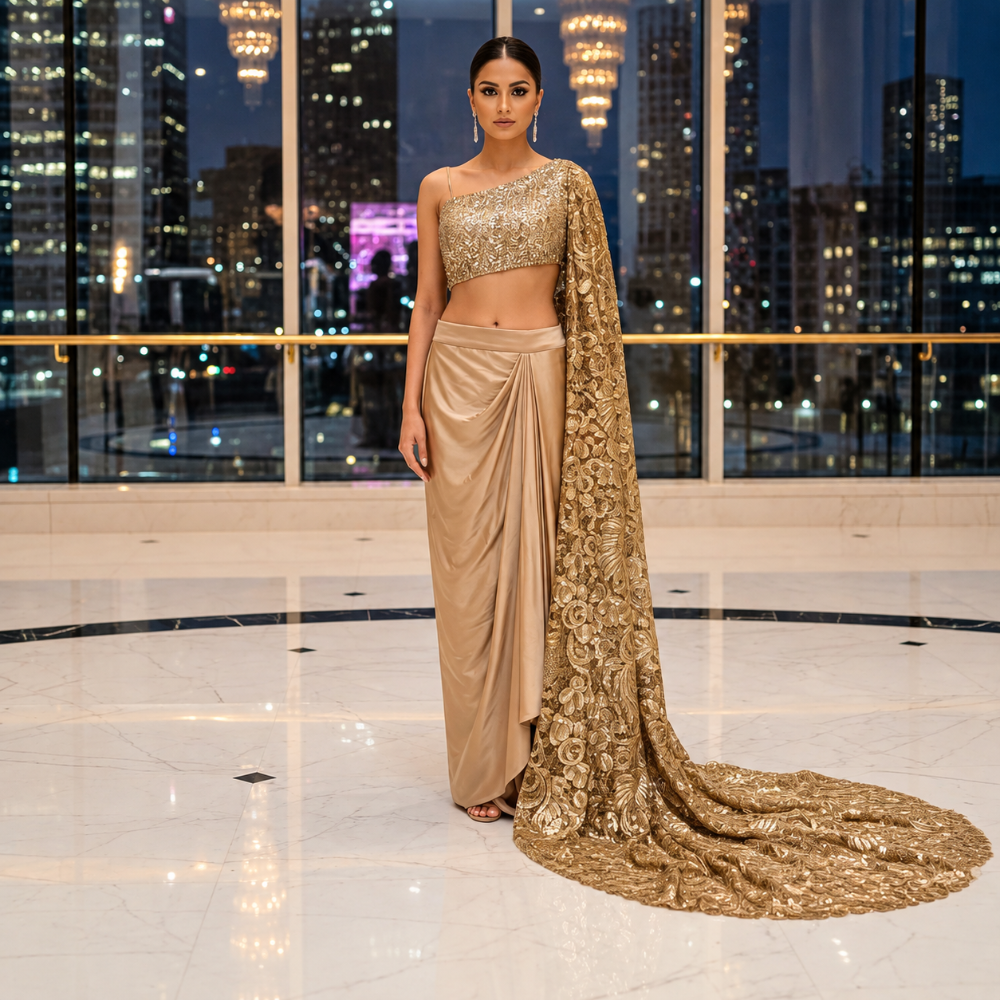 Shop online from our exclusive website. Discover the Ayla gold evening set featuring sequin fabric, a one-shoulder neckline, sparkling crop top, and fitted floor-length skirt for glamorous galas and special occasions.
