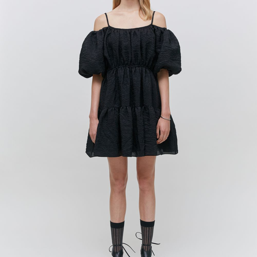 Balloon Sleeved Gathered Silk-Blend Matelasse Mini Dress