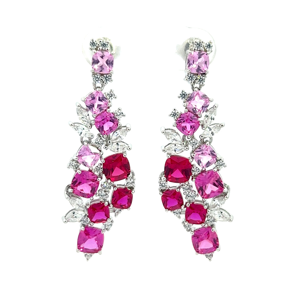 Shop online premium sterling silver ruby and pink sapphire dangle earrings with sparkling CZ stones.