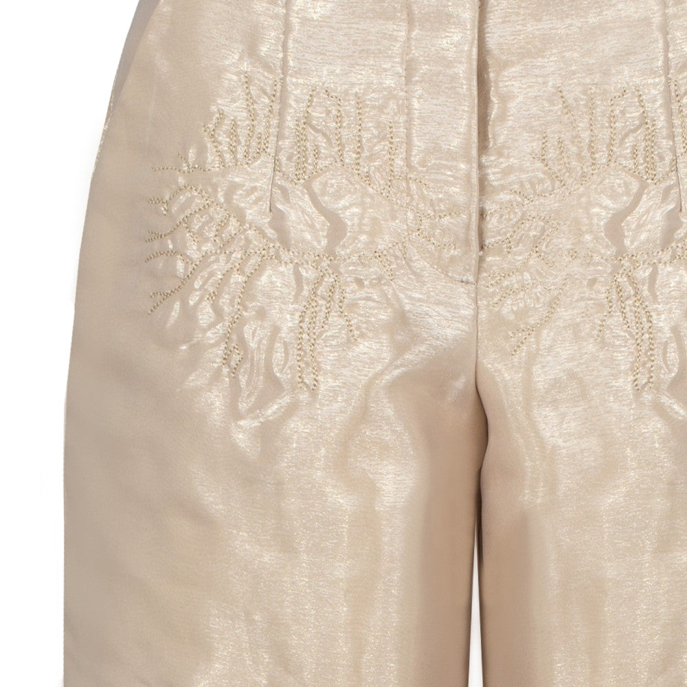 Beige organza pants with quilted lips from our clothing store. Shop Now!