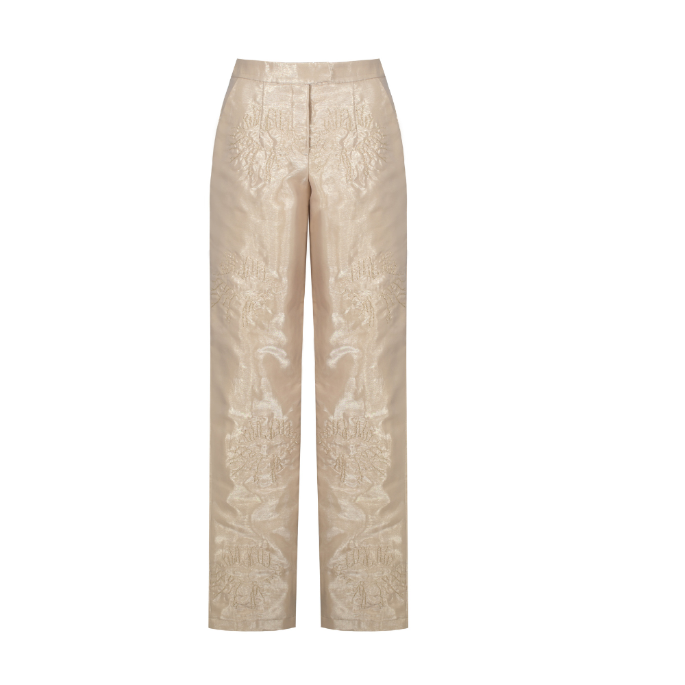 Beige organza pants with quilted lips from our clothing store. Shop Now!
