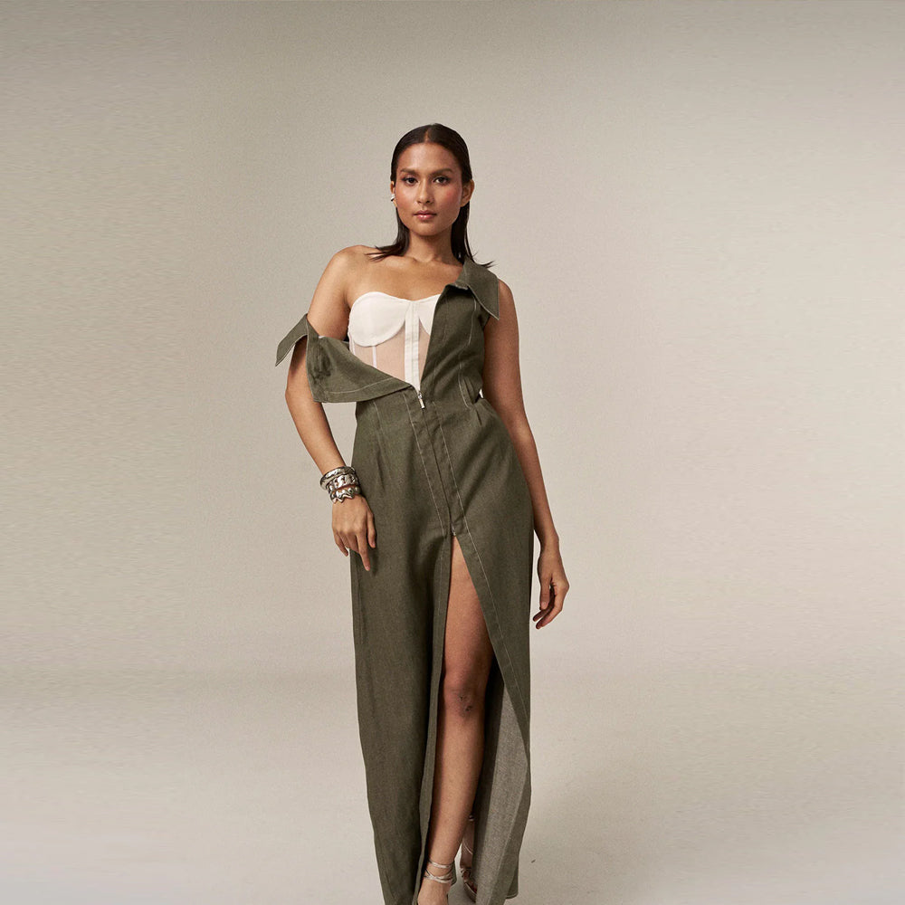 Denim corset dress with metallic zip detail, perfect for brunch and outings. Shop online from our curated edit of premium fashion.