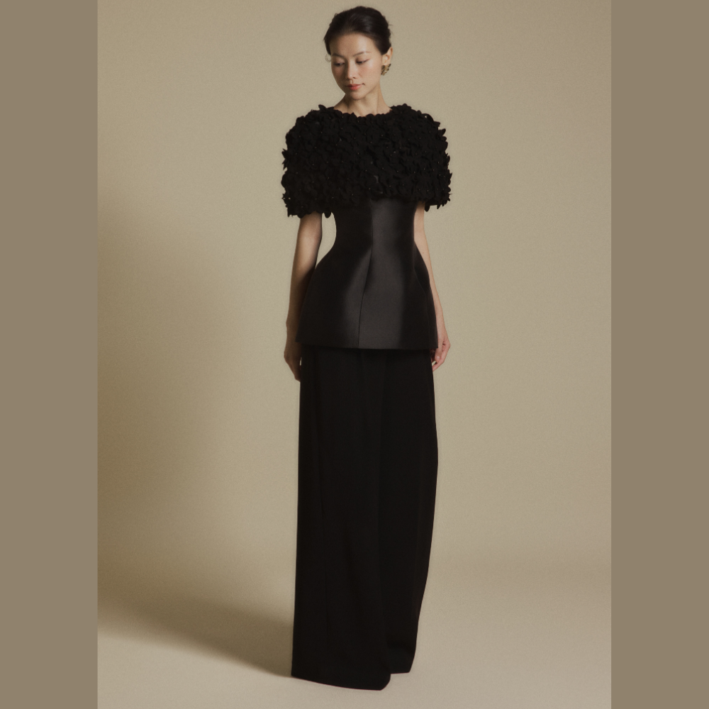 Discover chic luxury designer dresses paired perfectly with the Black Bloom 3D Floral Cape. Shop Now!