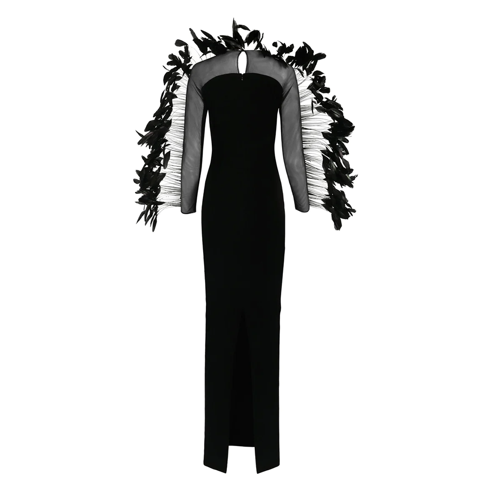 A column dress in back silk crepe featuring coq plumes.