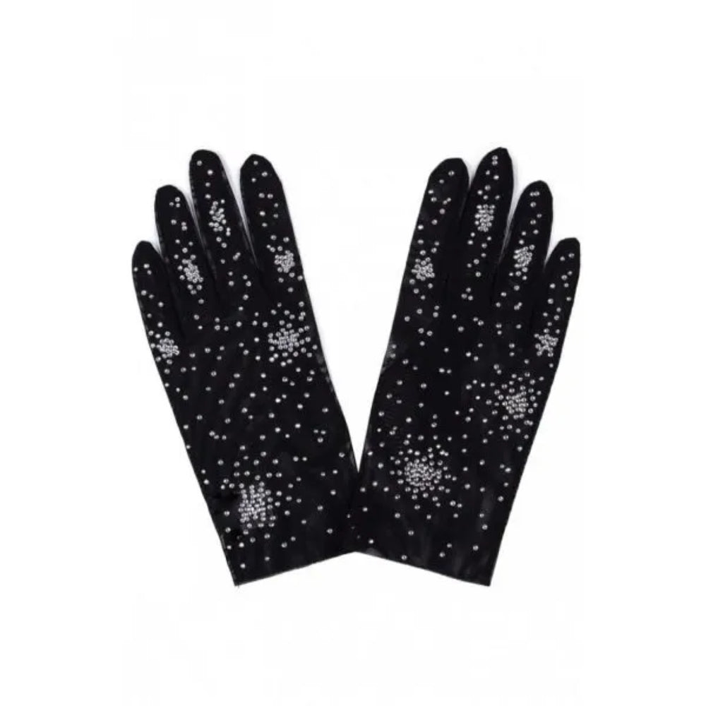 Black gloves from stretch net with salute crystals.