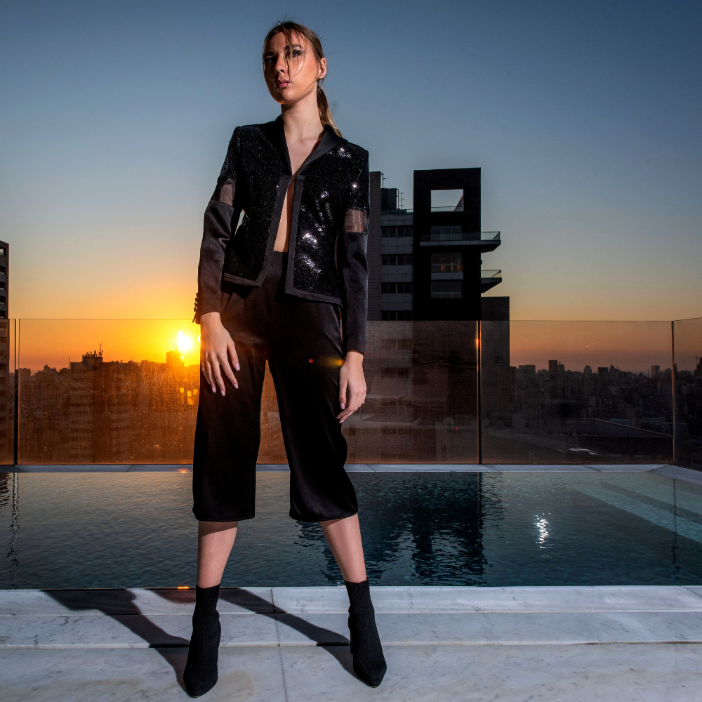 Black crepe Blazer in black sequins and black short pants.
