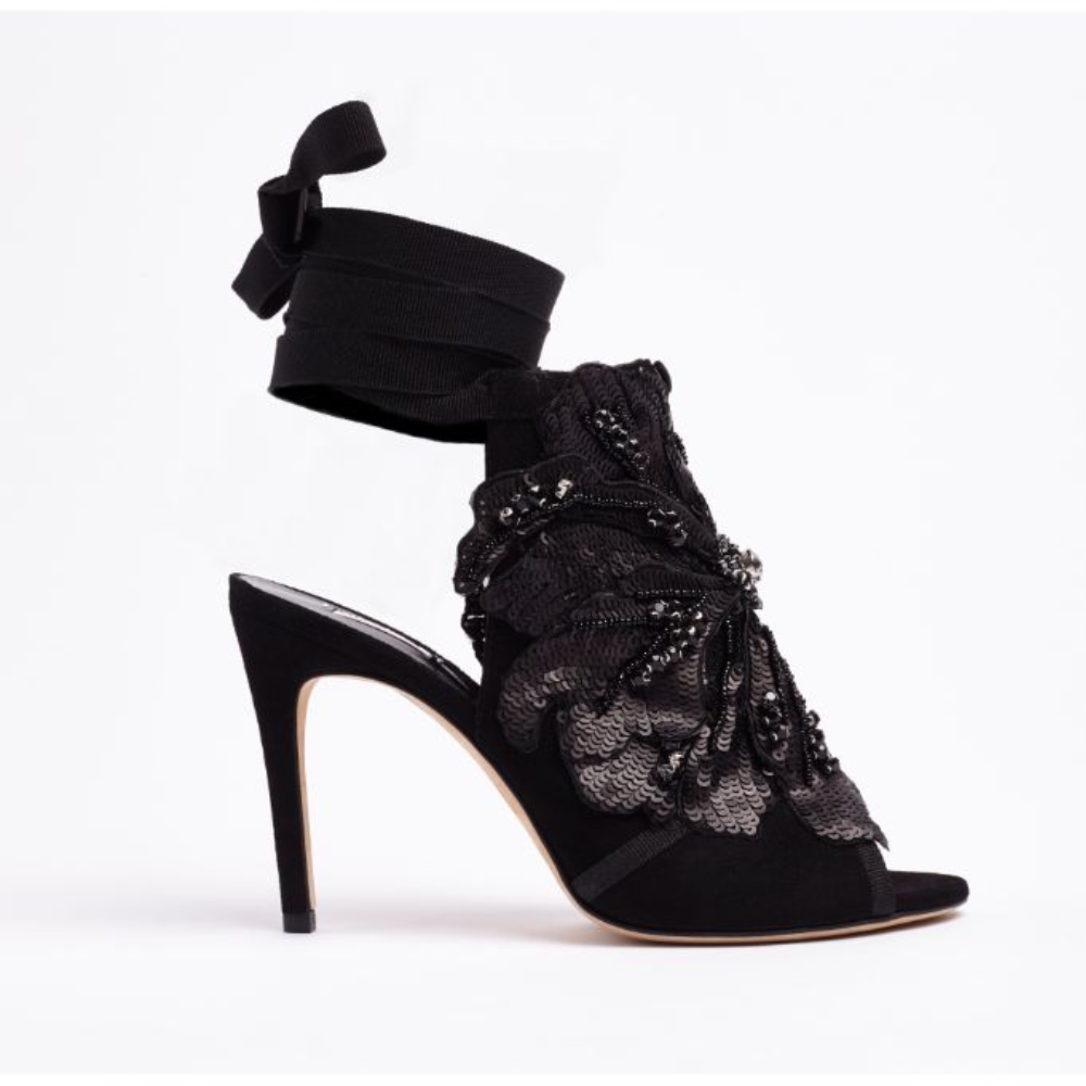 A gorgeous open-toe mule. Made in Italy from smooth black suede, La Jolie is enhanced by a handmade embroidered flower.