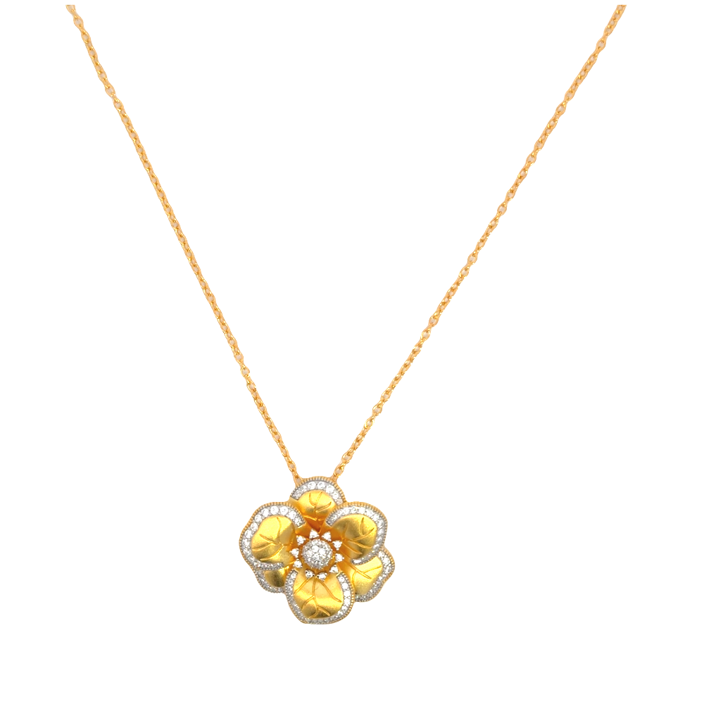 Shop online premium 18K gold-dipped flower pendant necklace with sparkling cubic zirconia stones.