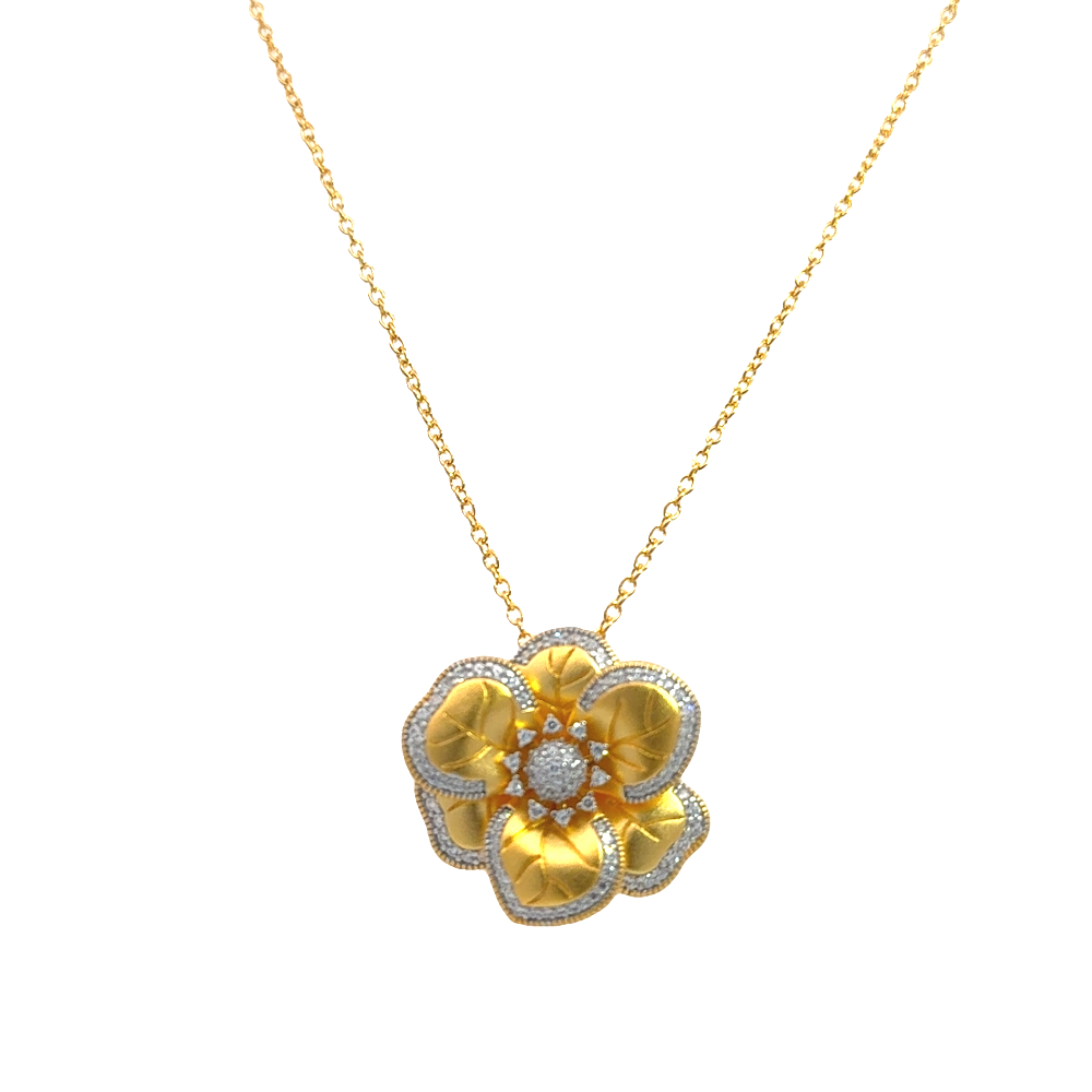 Shop online premium 18K gold-dipped flower pendant necklace with sparkling cubic zirconia stones.