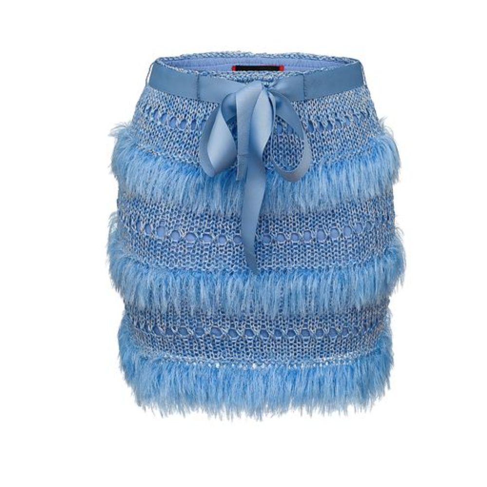Blue Handmade Knit Skirt has wavy ruffles and looks like a piece of art. 