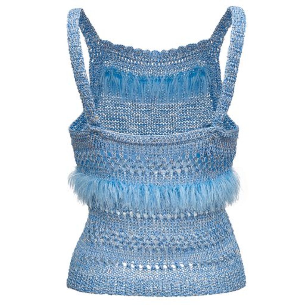 Blue Handmade Knit top has wavy ruffles and looks very feminine and stylish. 
