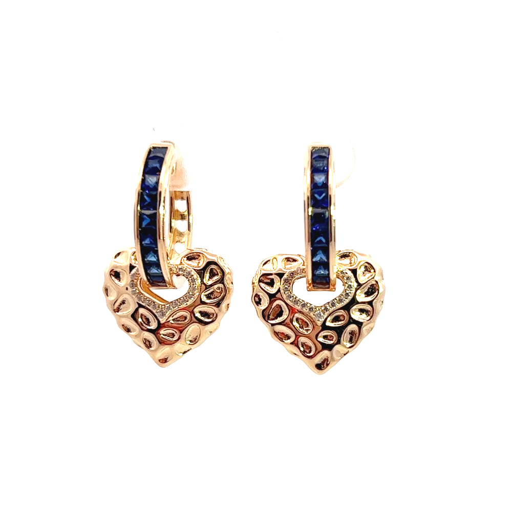 Shop online premium gold-dipped blue sapphire huggie earrings with heart-shaped drops.