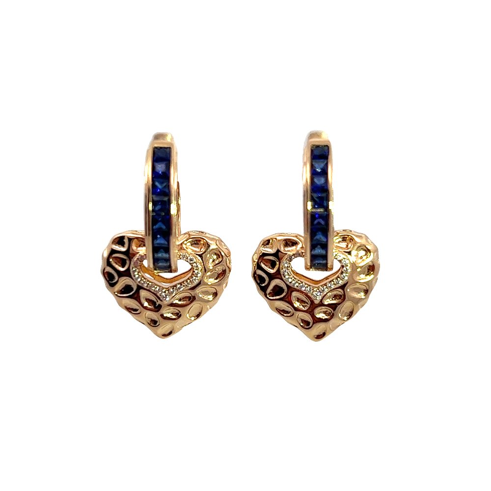 Shop online premium gold-dipped blue sapphire huggie earrings with heart-shaped drops.