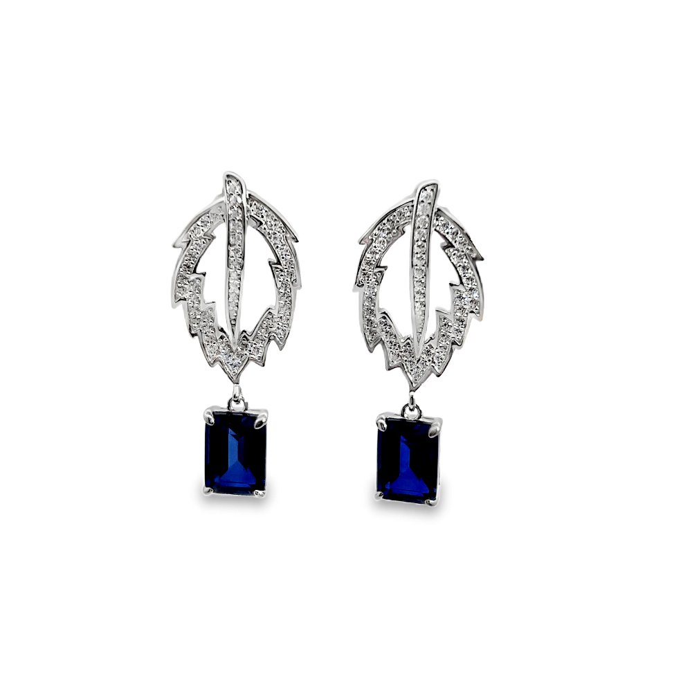 Shop online premium sterling silver blue sapphire leaf earrings with sparkling CZ stones.