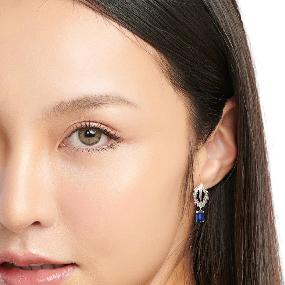 Shop online premium sterling silver blue sapphire leaf earrings with sparkling CZ stones.
