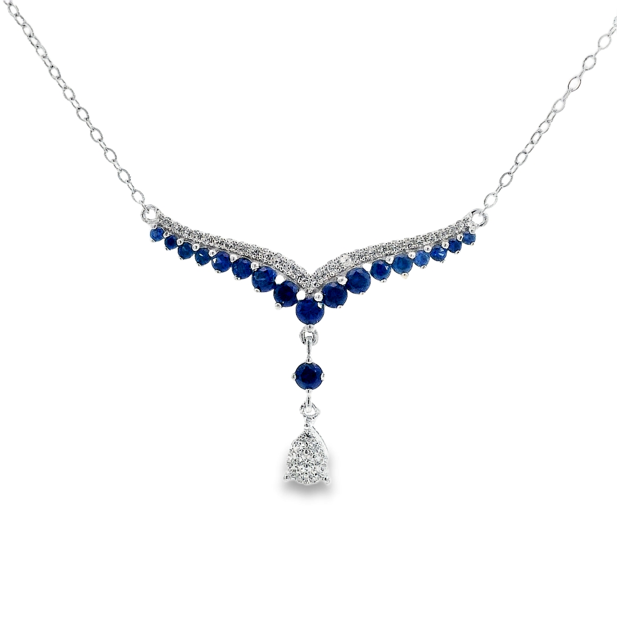 Shop online premium sterling silver sapphire necklace with sparkling cubic zirconia stones.