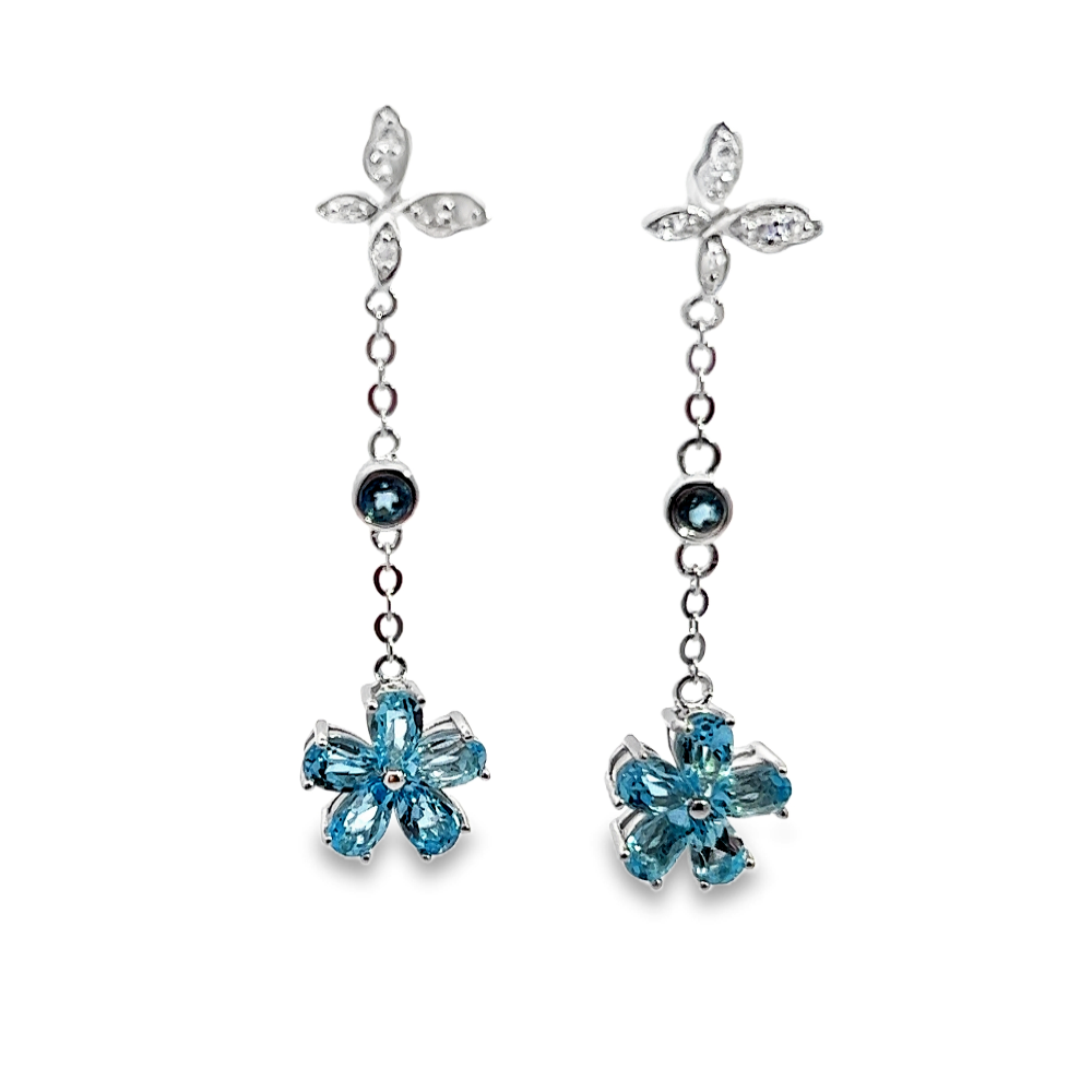 Shop online premium sterling silver blue topaz dangle earrings with sparkling CZ stones.