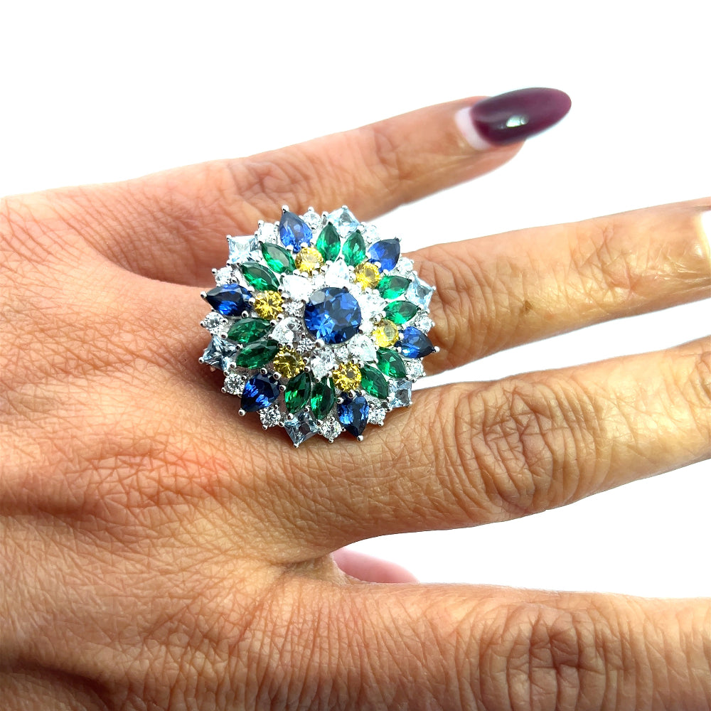 Shop online premium sapphire statement ring pendant with cubic zirconia in rhodium plated silver.