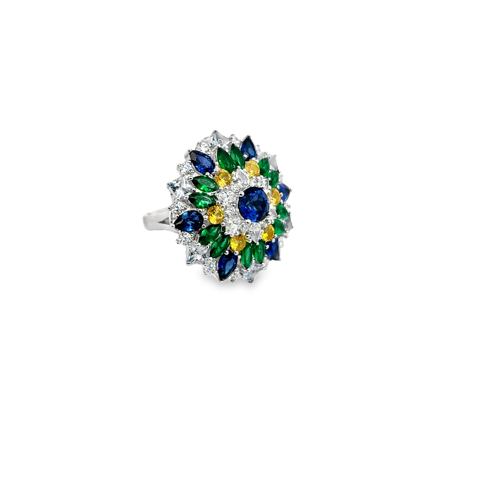 Shop online premium sapphire statement ring pendant with cubic zirconia in rhodium plated silver.