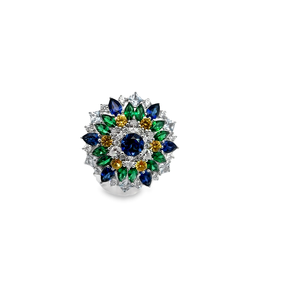 Shop online premium sapphire statement ring pendant with cubic zirconia in rhodium plated silver.