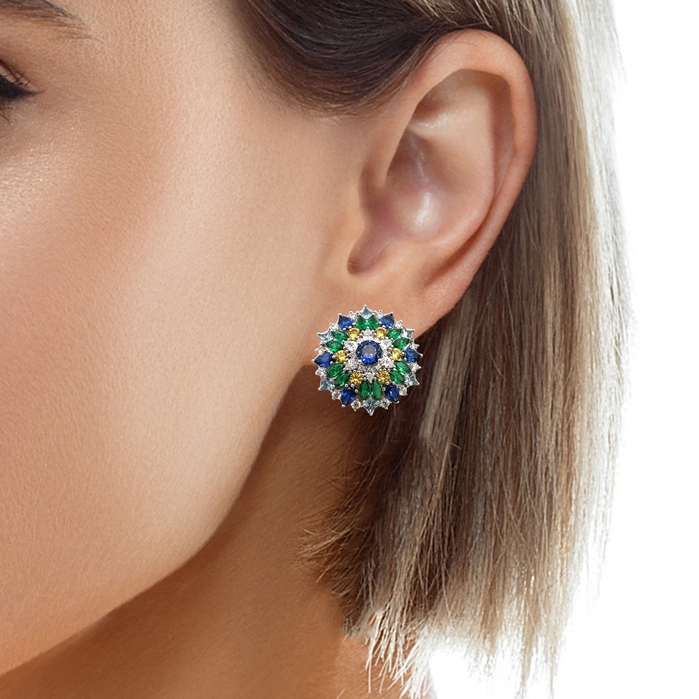 Shop online premium rhodium plated statement earrings with blue & yellow sapphire and sparkling CZ stones.